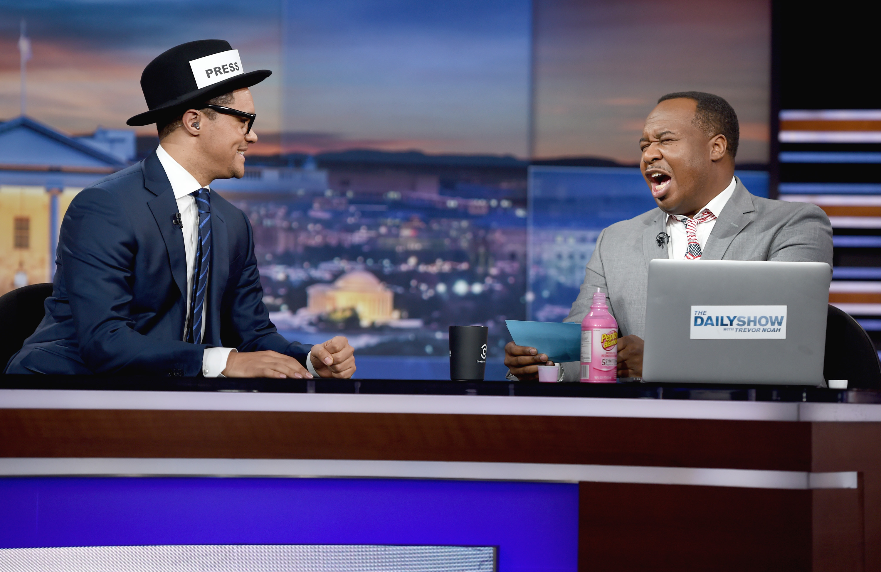 Host Trevor Noah (L) and correspondent  Roy Wood Jr. on