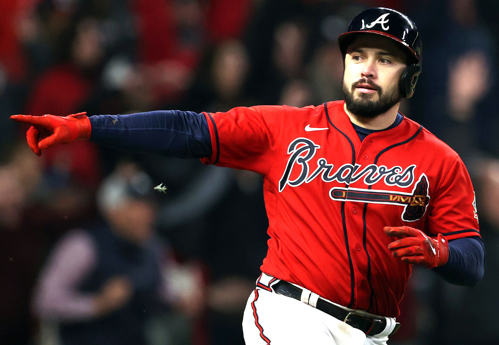 Travis d'Arnaud celebrates after hitting a solo homer in the eighth inning of the Braves' 2-0 Game 3 win over the Astros.