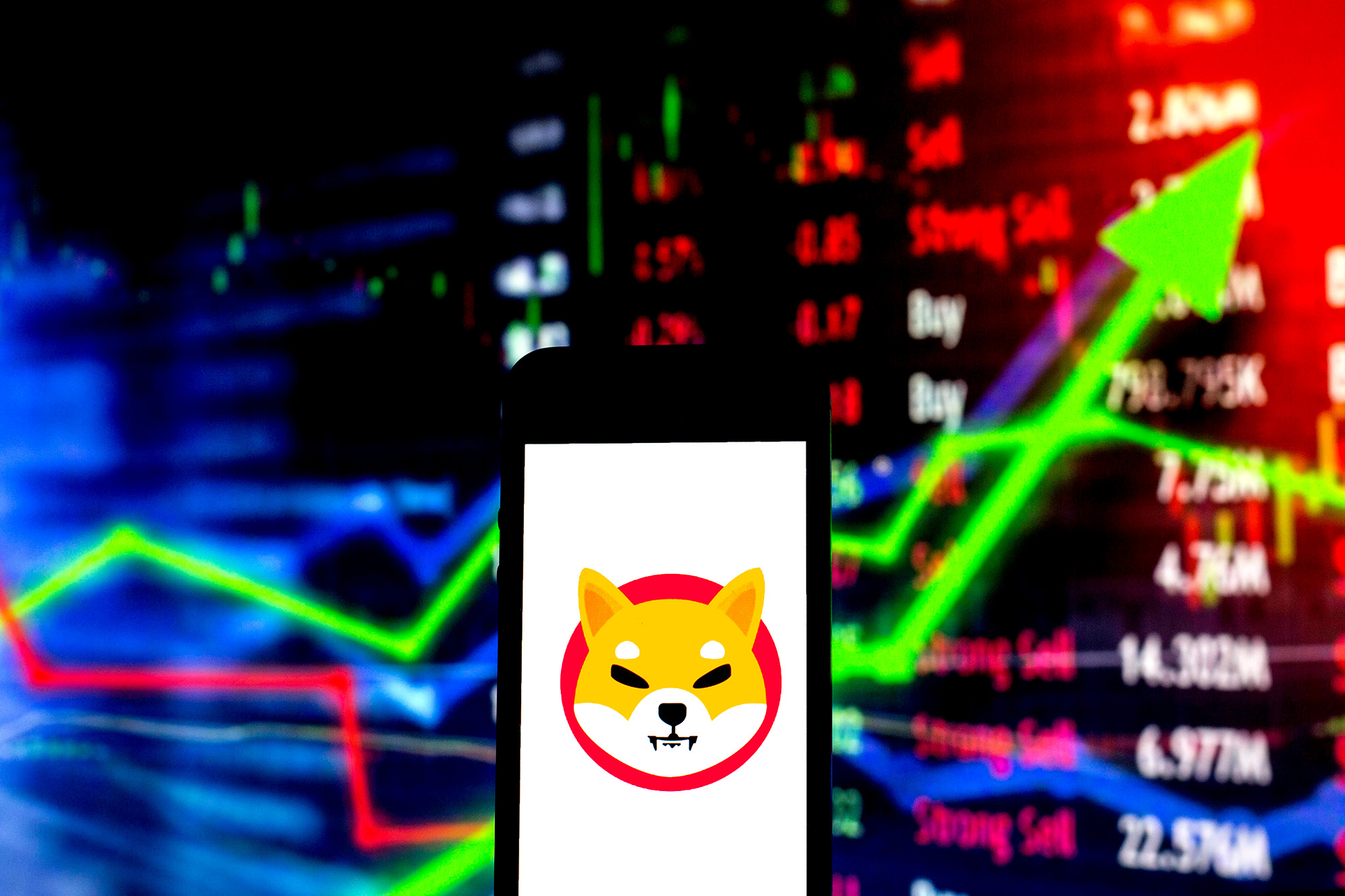 In this photo illustration a Shiba Inu Coin logo is displayed on a smartphone with a exchange graph in the background.
