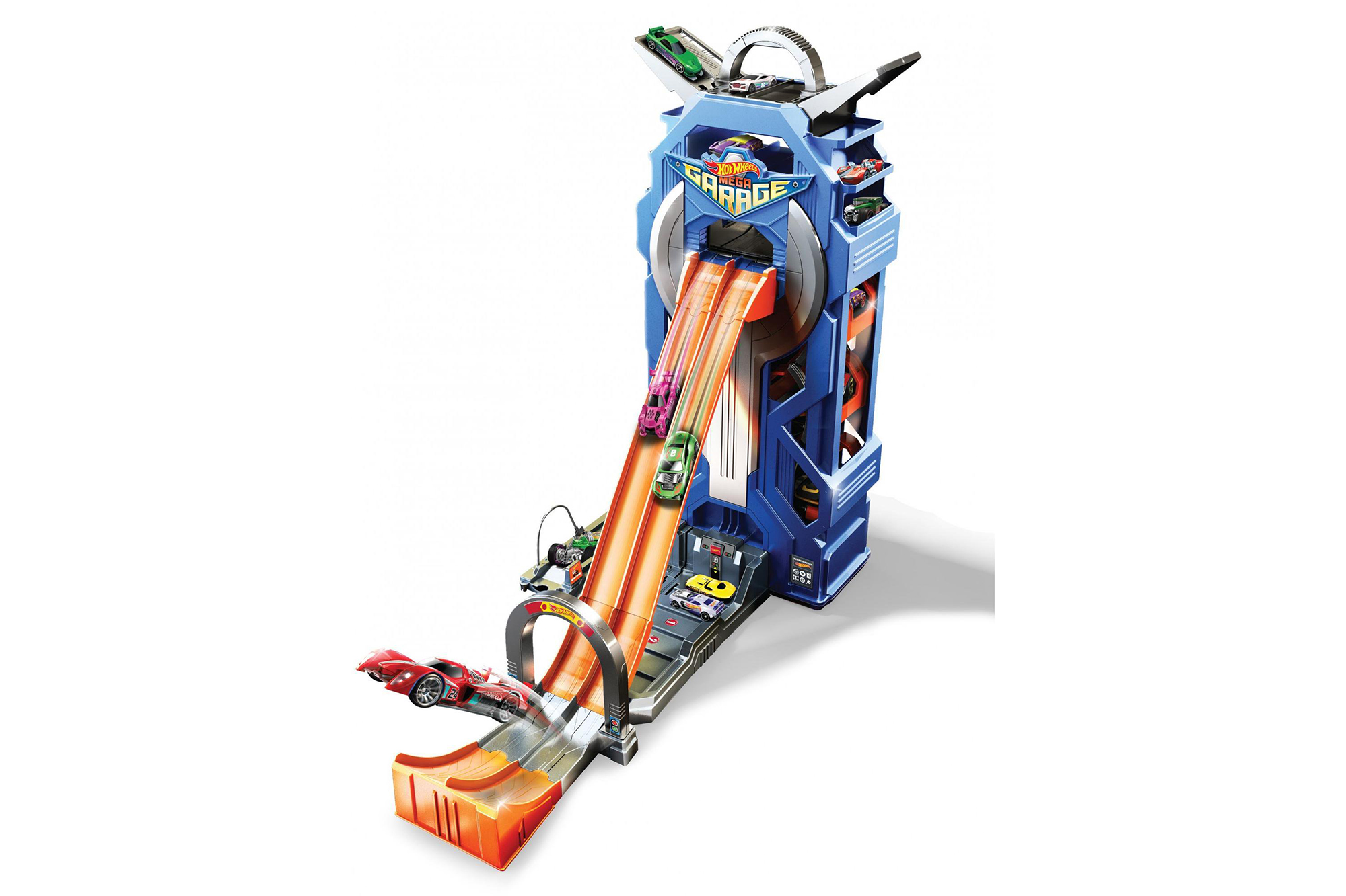 A Hot Wheels race track and garage toy