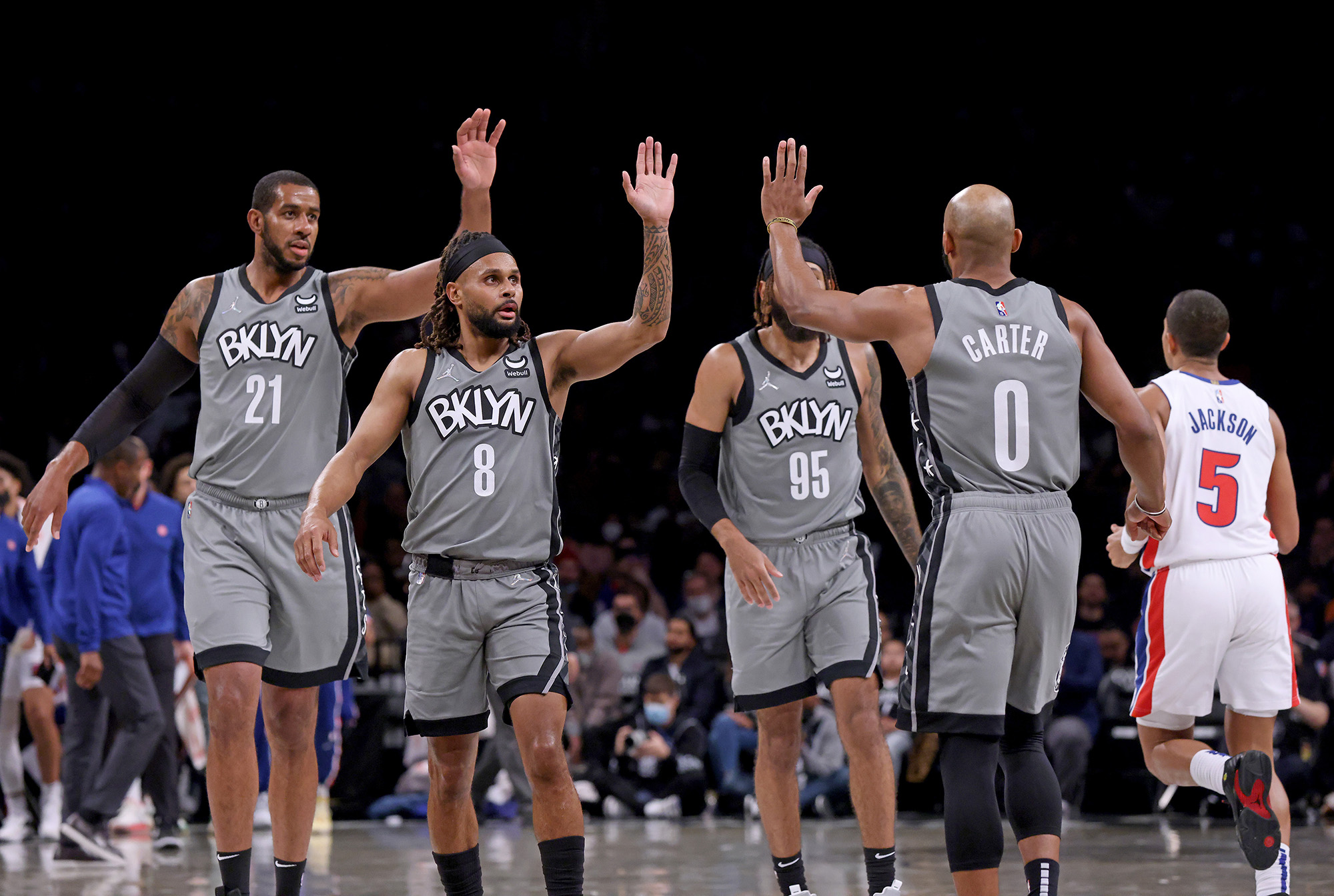 Nets head coach Steve Nash surrounded LaMarcus Aldridge (21) with a small ball lineup including Patty Mills (8), Jevon Carter (0) and Deandre' Bembry (95) during the Nets' 117-91 rout of the Pistons Sunday.