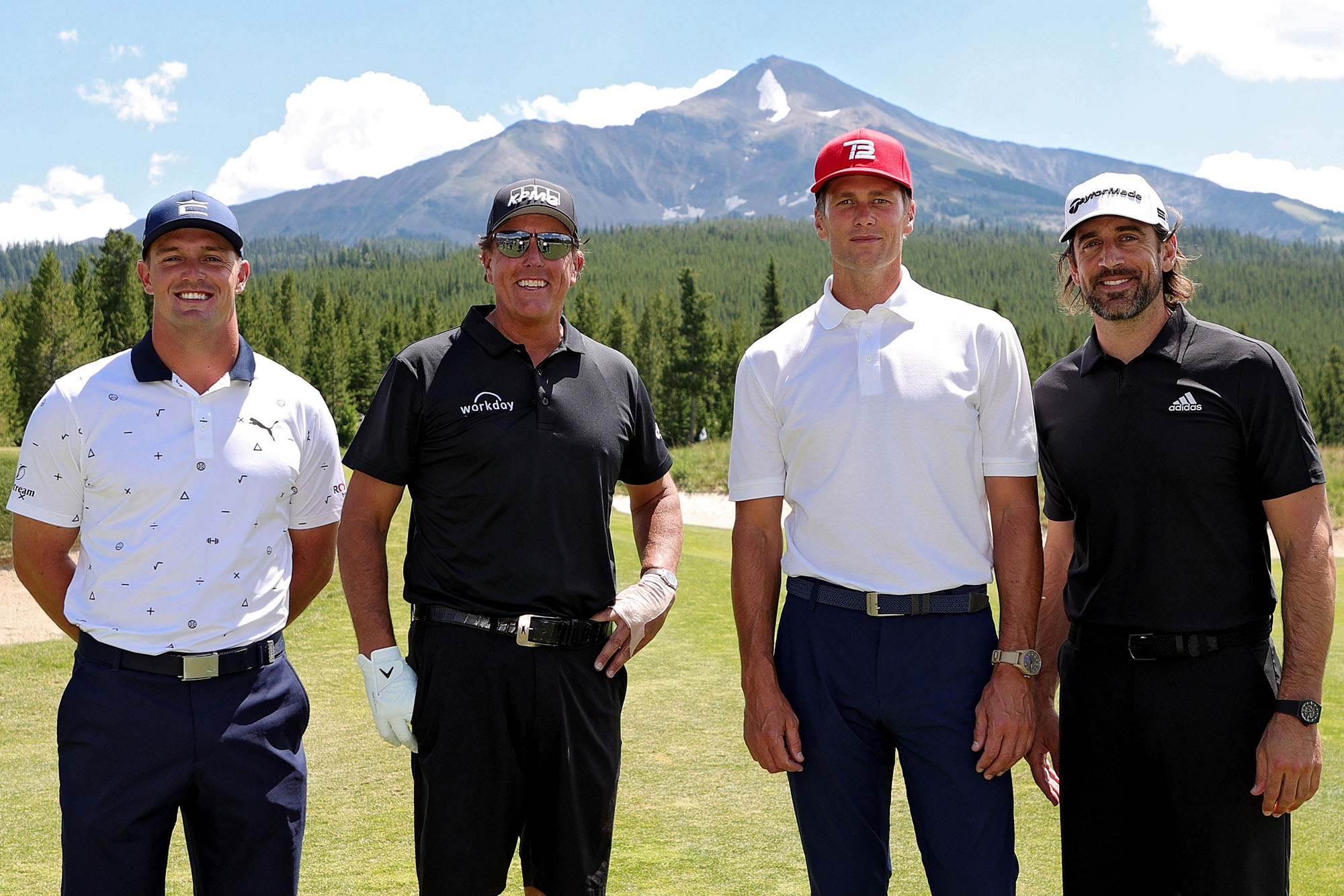 (From left) Bryson DeChambeau, Phil Mickelson, Tom Brady, and Aaron Rodgers compete in