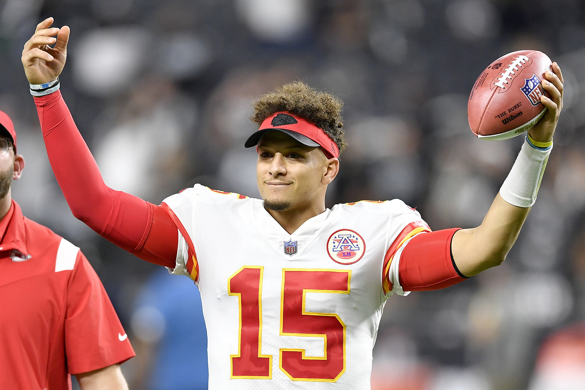 Patrick Mahomes reacts after beating the Raiders Sunday.