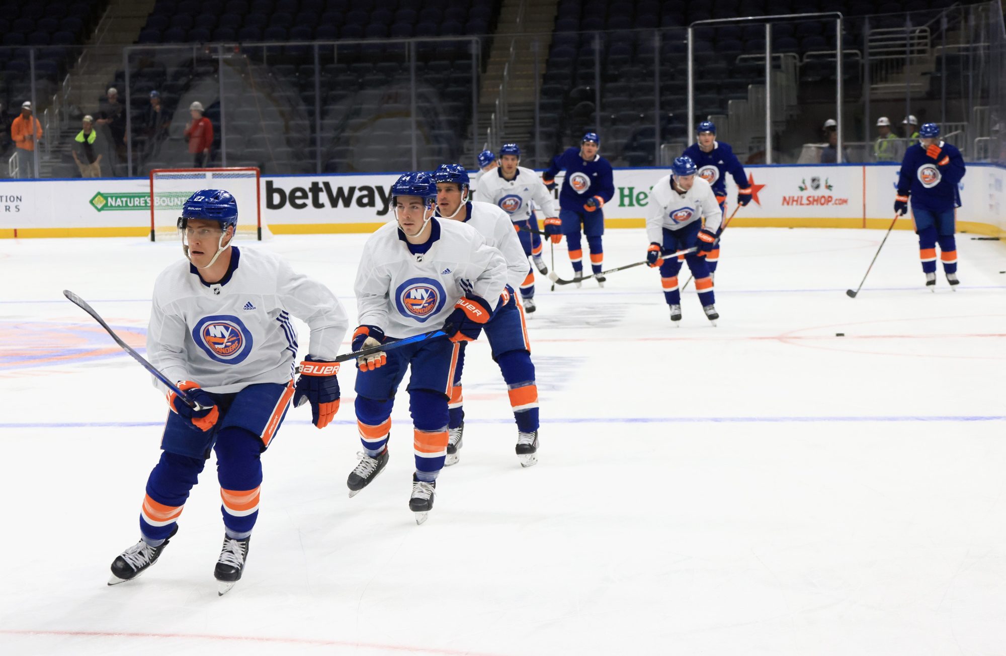 Islanders captain Anders Lee leads the team in practice for the first time at UBS Arena on Nov. 18, 2021.