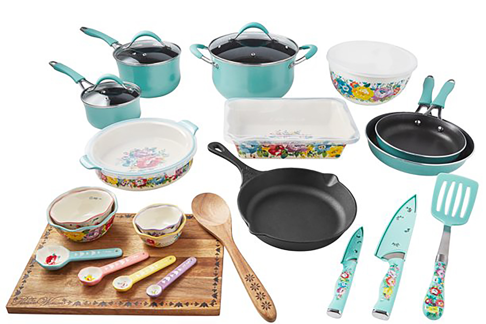 A 30 piece blue cookware set