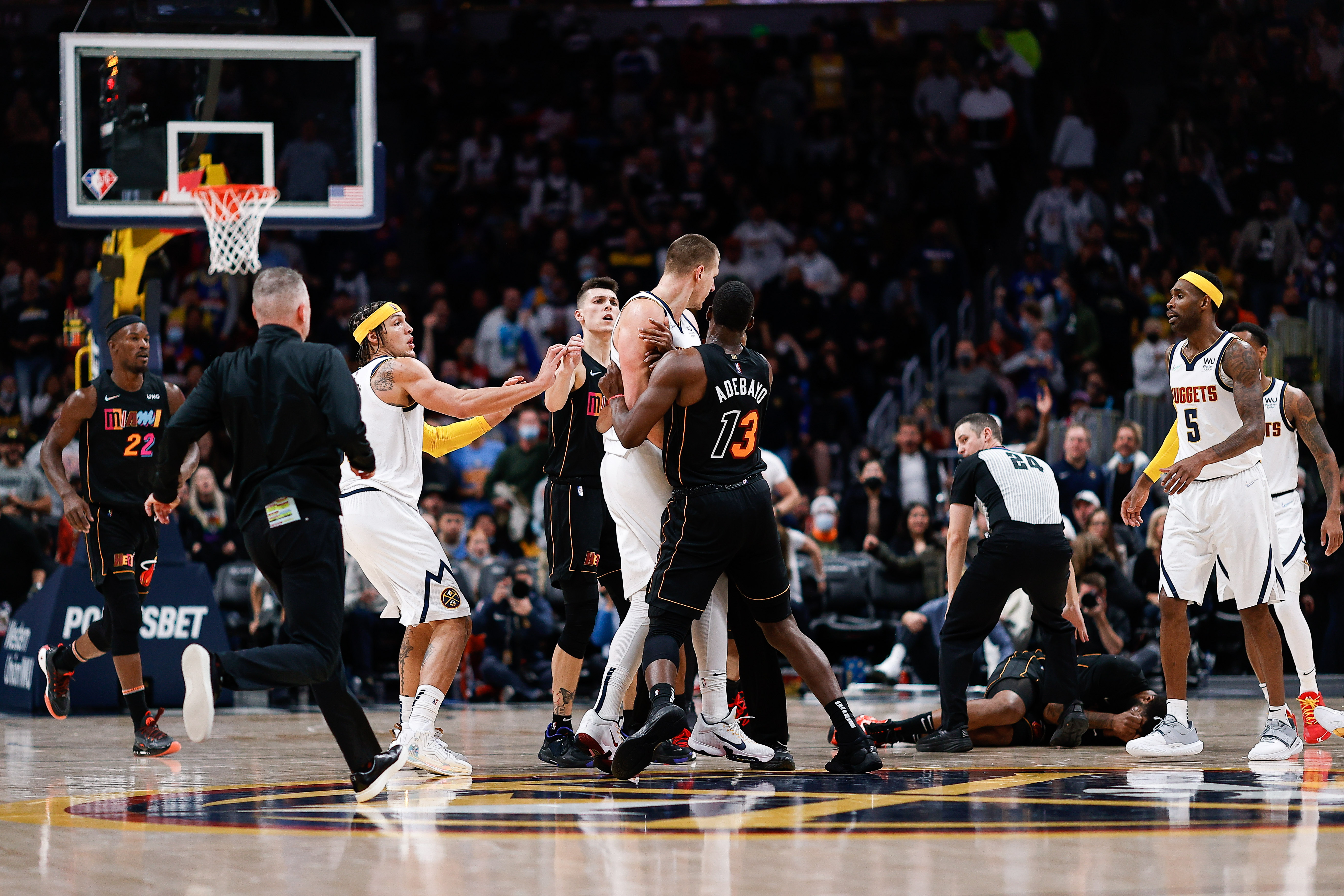 The Nuggets and Heat brawl after Nikola Jokic pushed Markieff Morris.