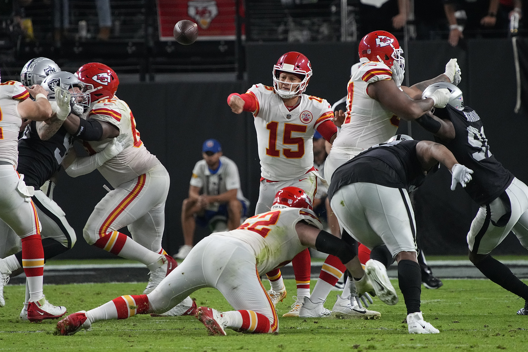 Patrick Mahomes threw five touchdown passes against the Raiders.