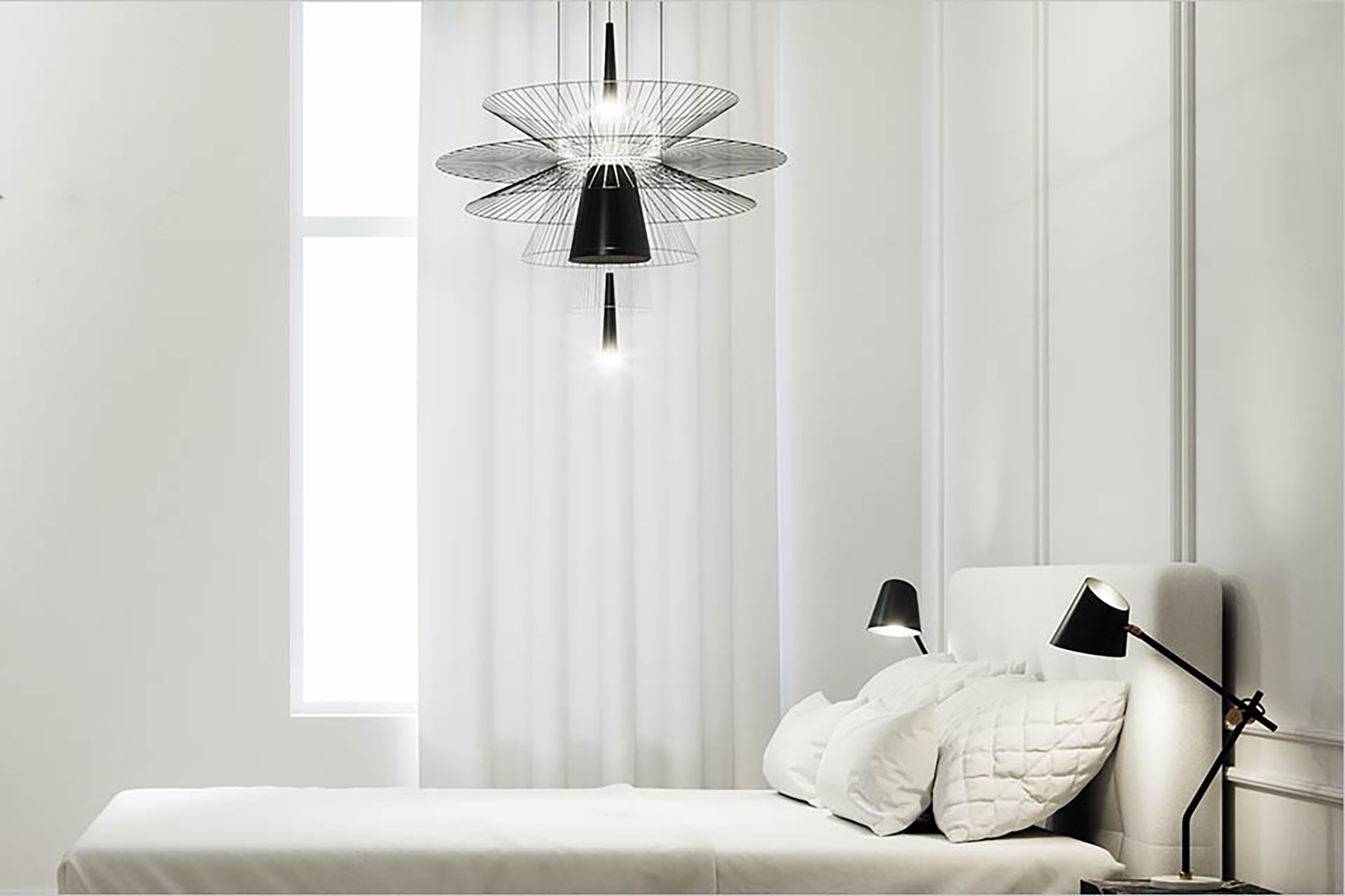 A white bedroom with a lamp hanging from the ceiling 