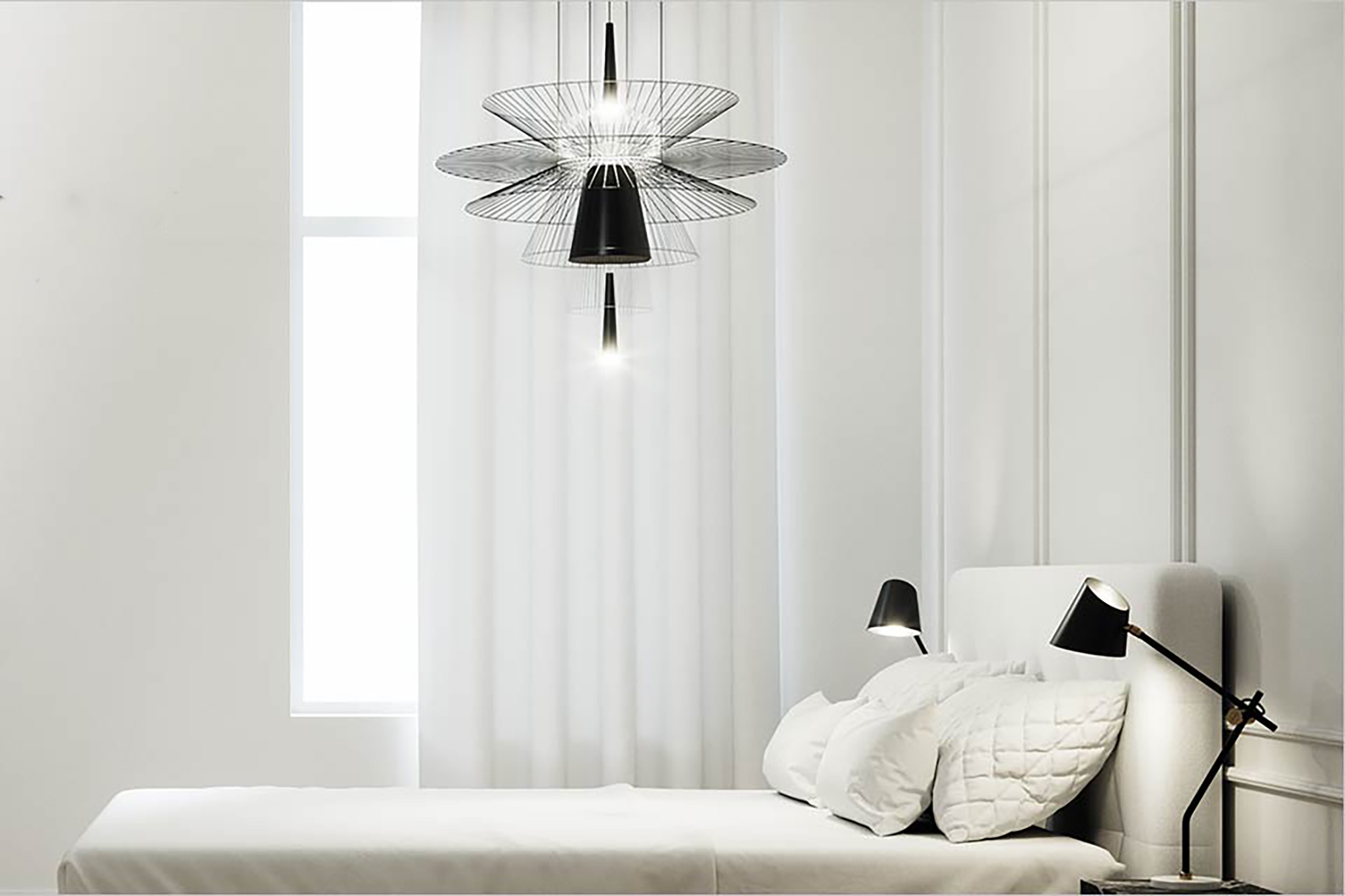 A white bedroom with a lamp hanging from the ceiling