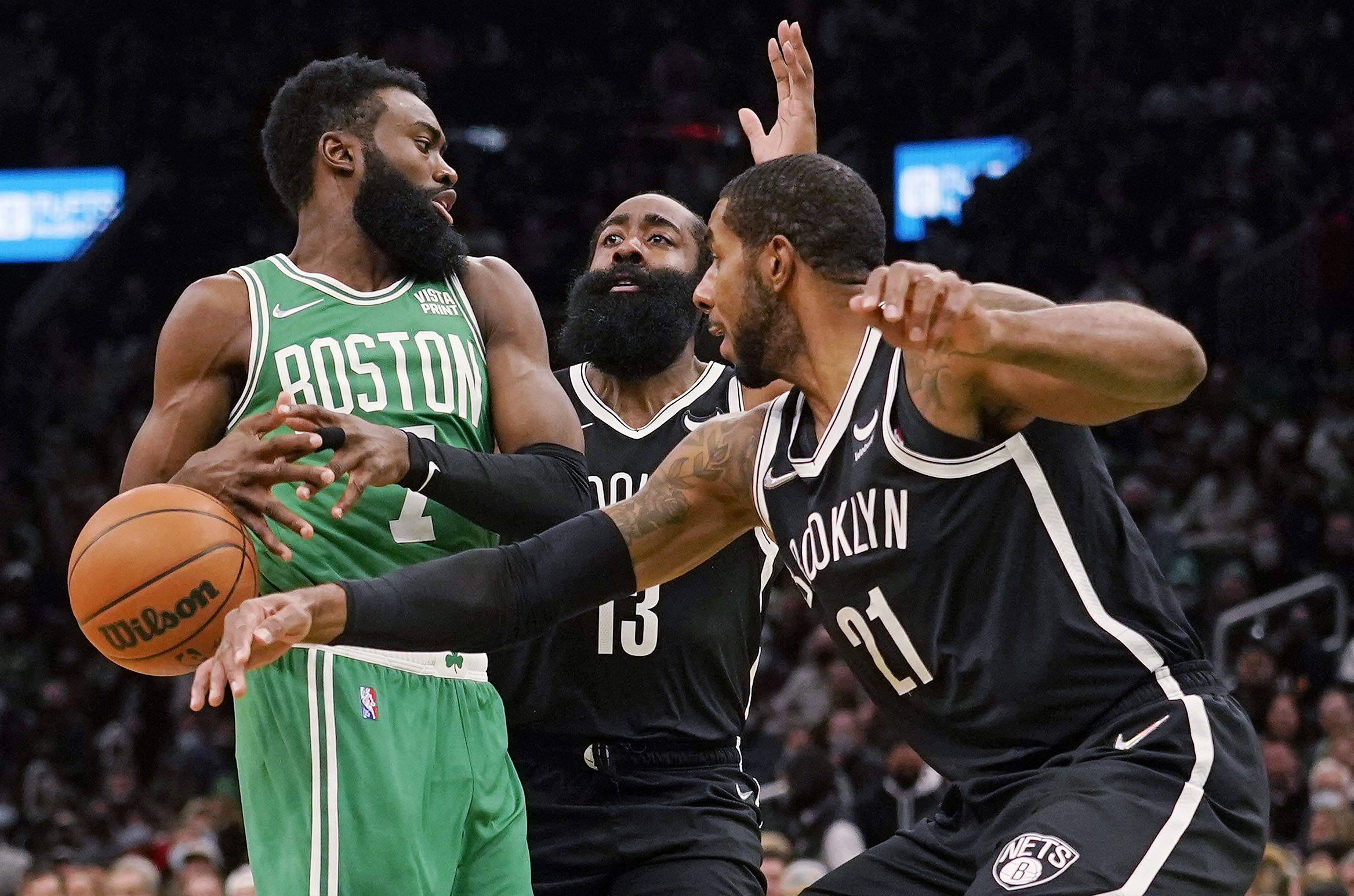LaMarcus Aldridge knocks the ball away from the Celtics' Jaylen Brown during Wednesday night's game.