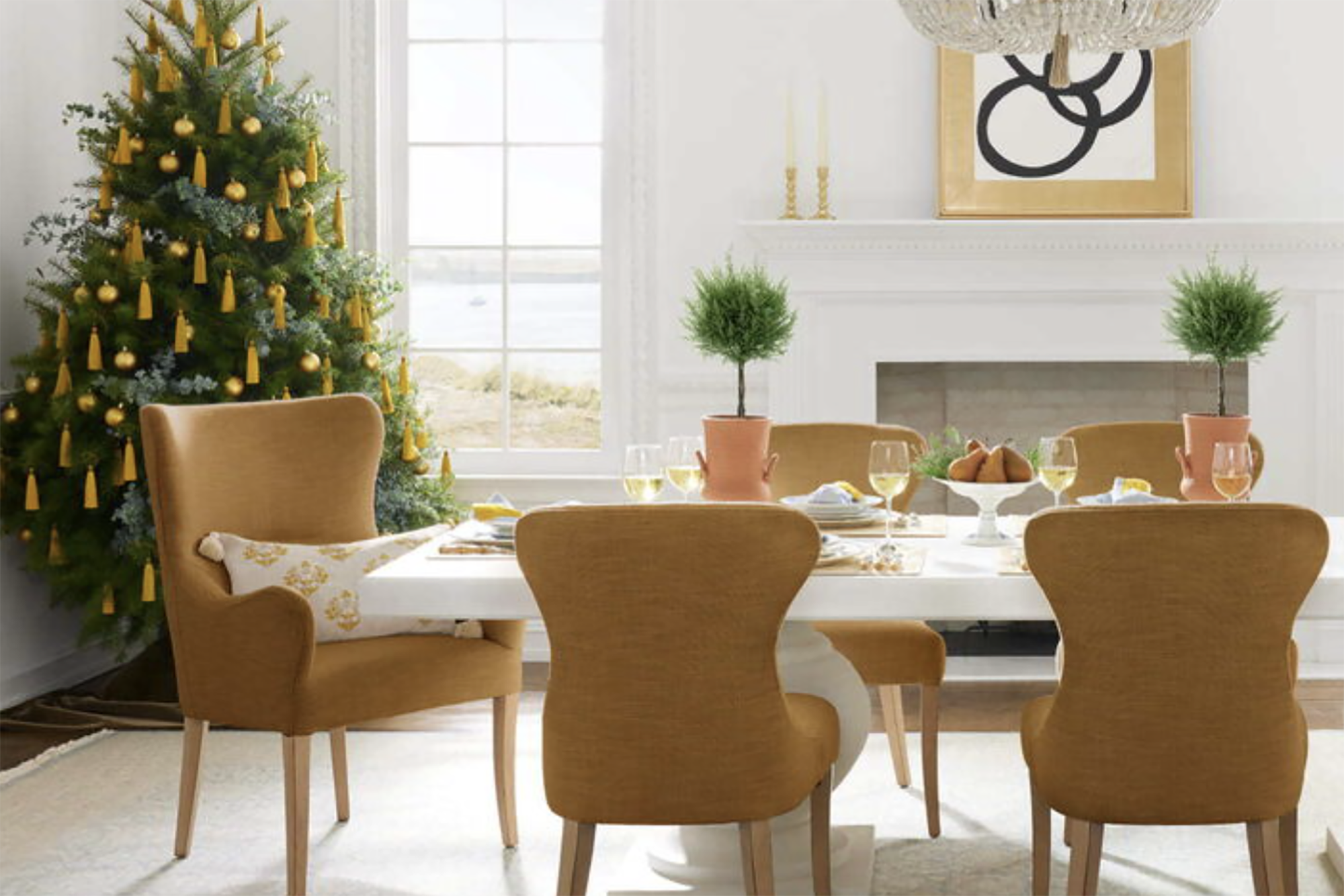 A dining room with brown chairs, a white table and a green tree 