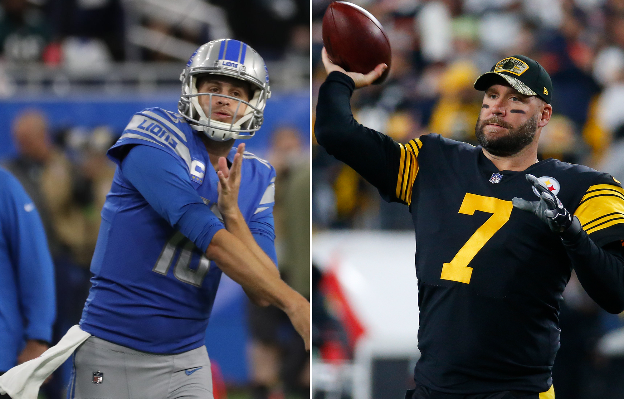 Jared Goff (left) and the Lions should be able to stay close with Ben Roethlisberger (right) and the Steelers' lowly offense.