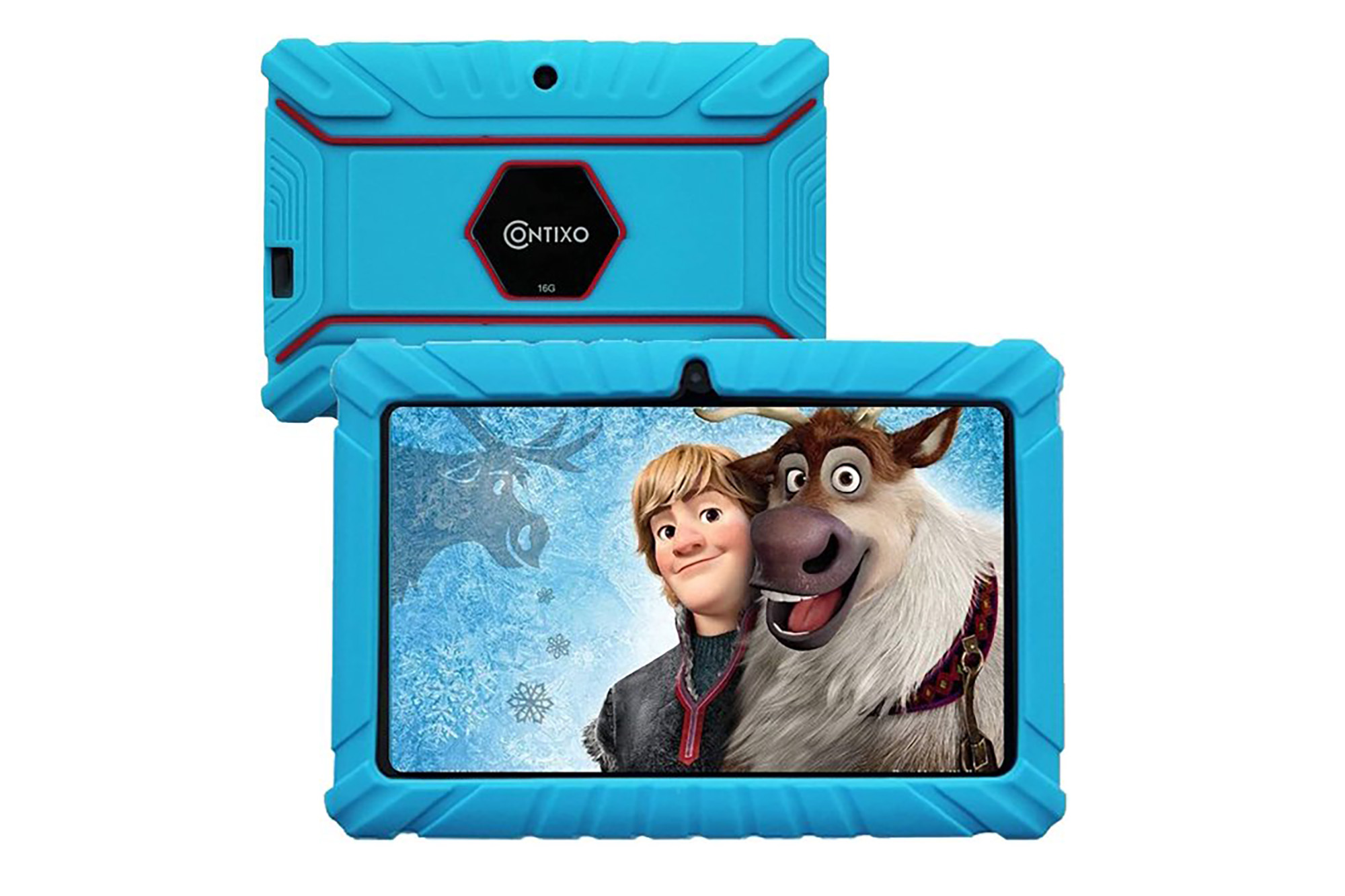 A kid's blue tablet showing characters from Frozen