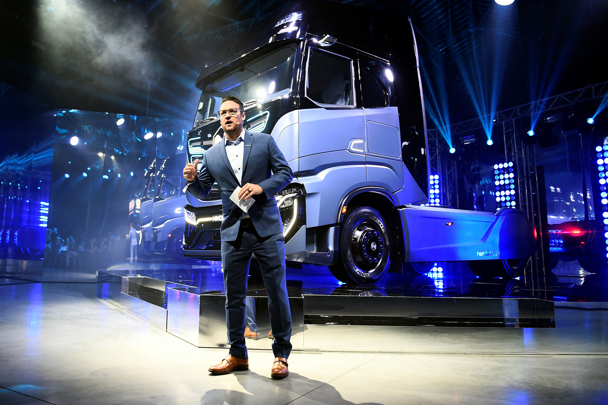 Trevor Milton speaks onstage during a presentation of electric trucks