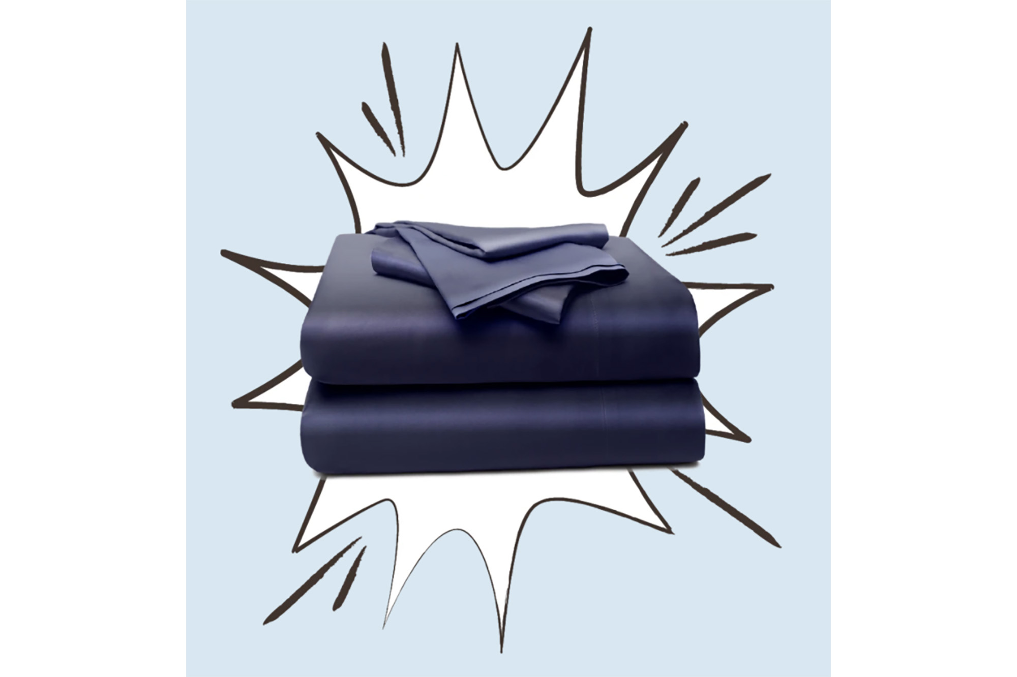 A pile of blue sheets in a super hero white bubble on a light blue background 