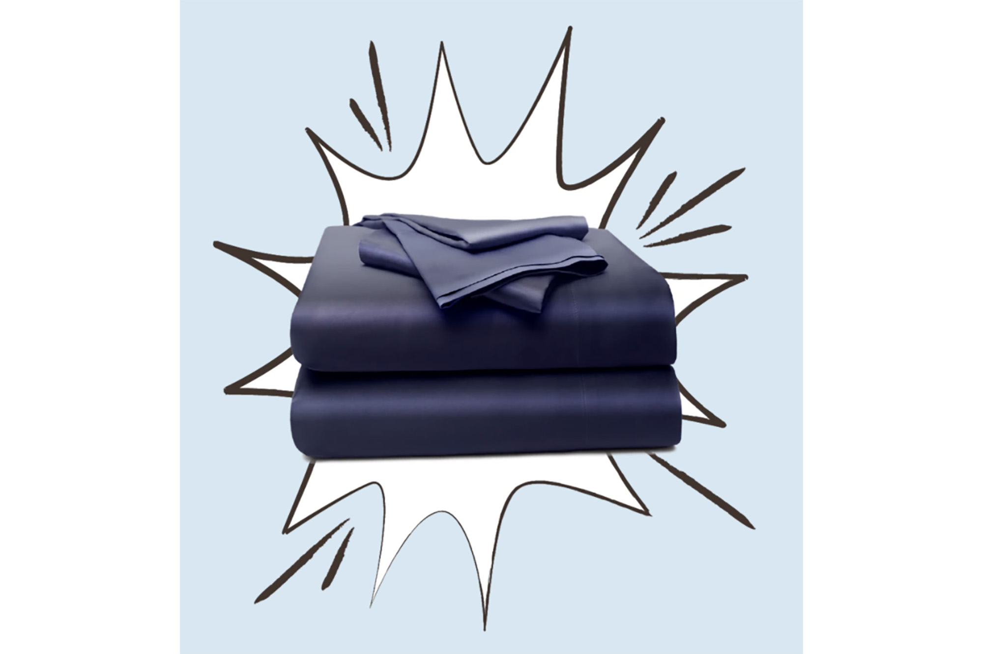 A pile of blue sheets in a super hero white bubble on a light blue background