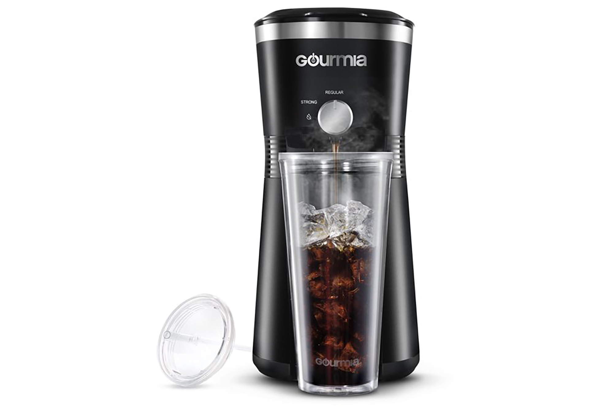 A black ice coffee maker making a cup of iced coffee