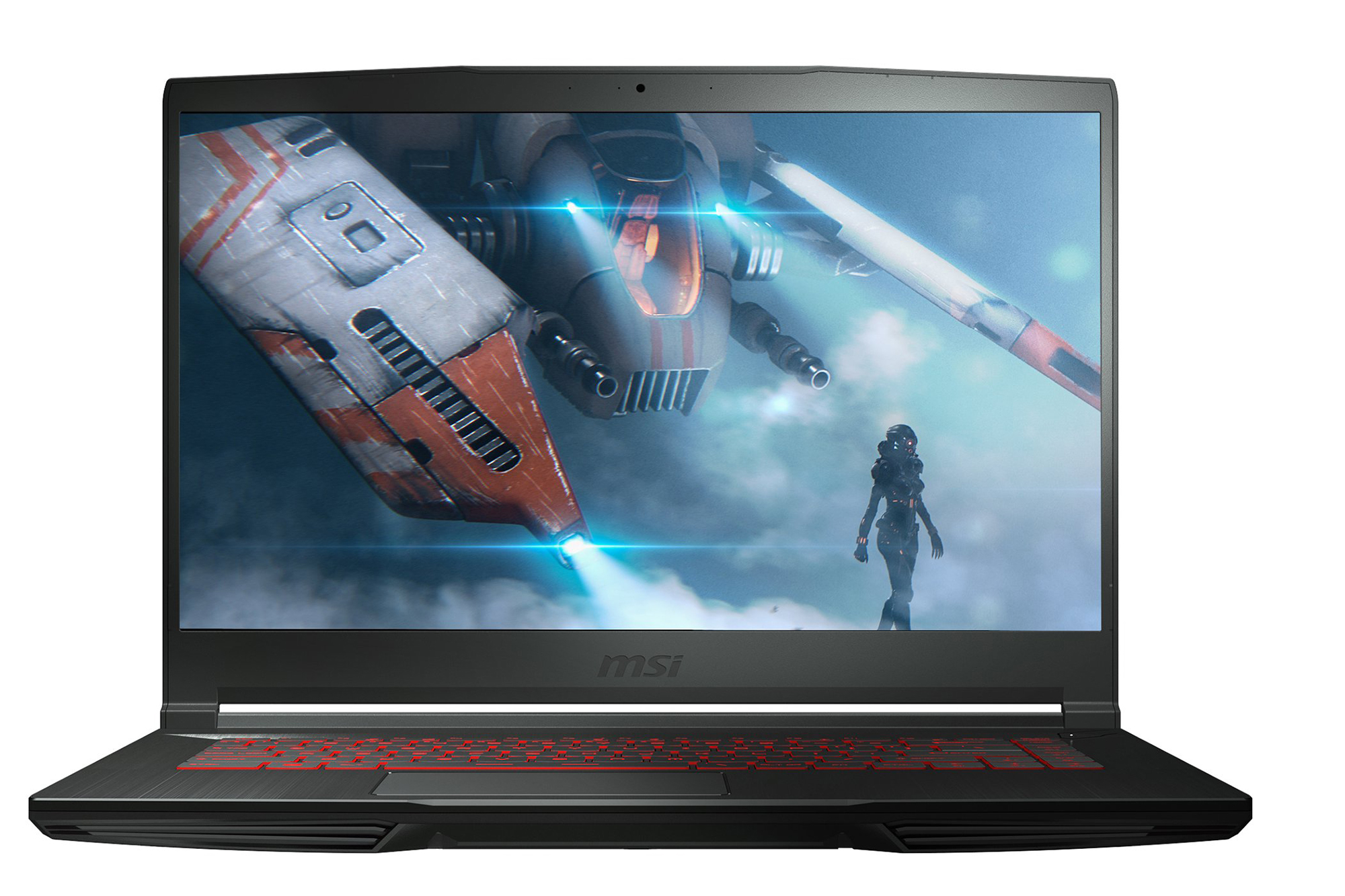 A gaming laptop showing a scene from a video game on the screen 