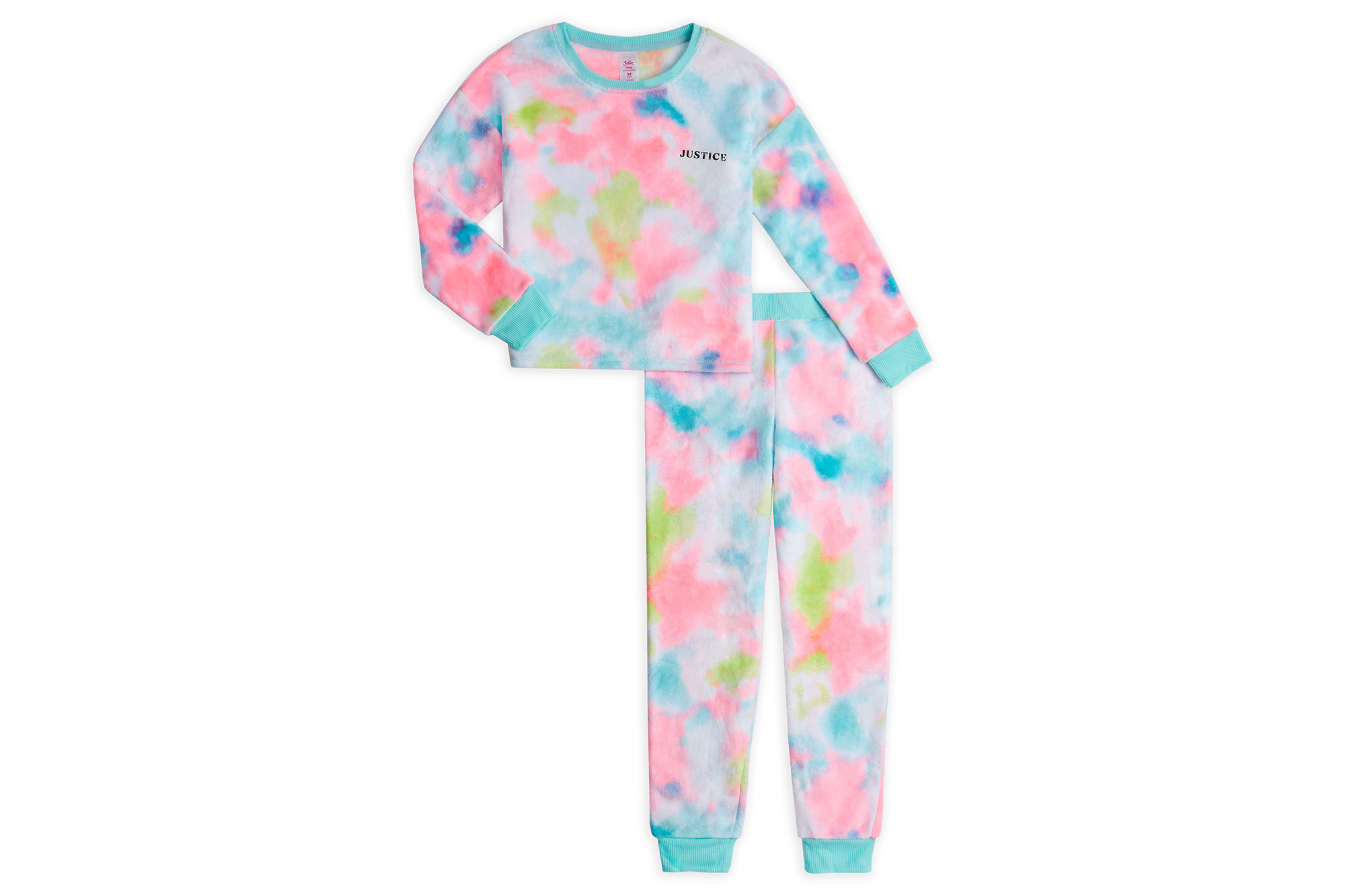 A kid's PJ set with tie-dye long sleeves and long pants