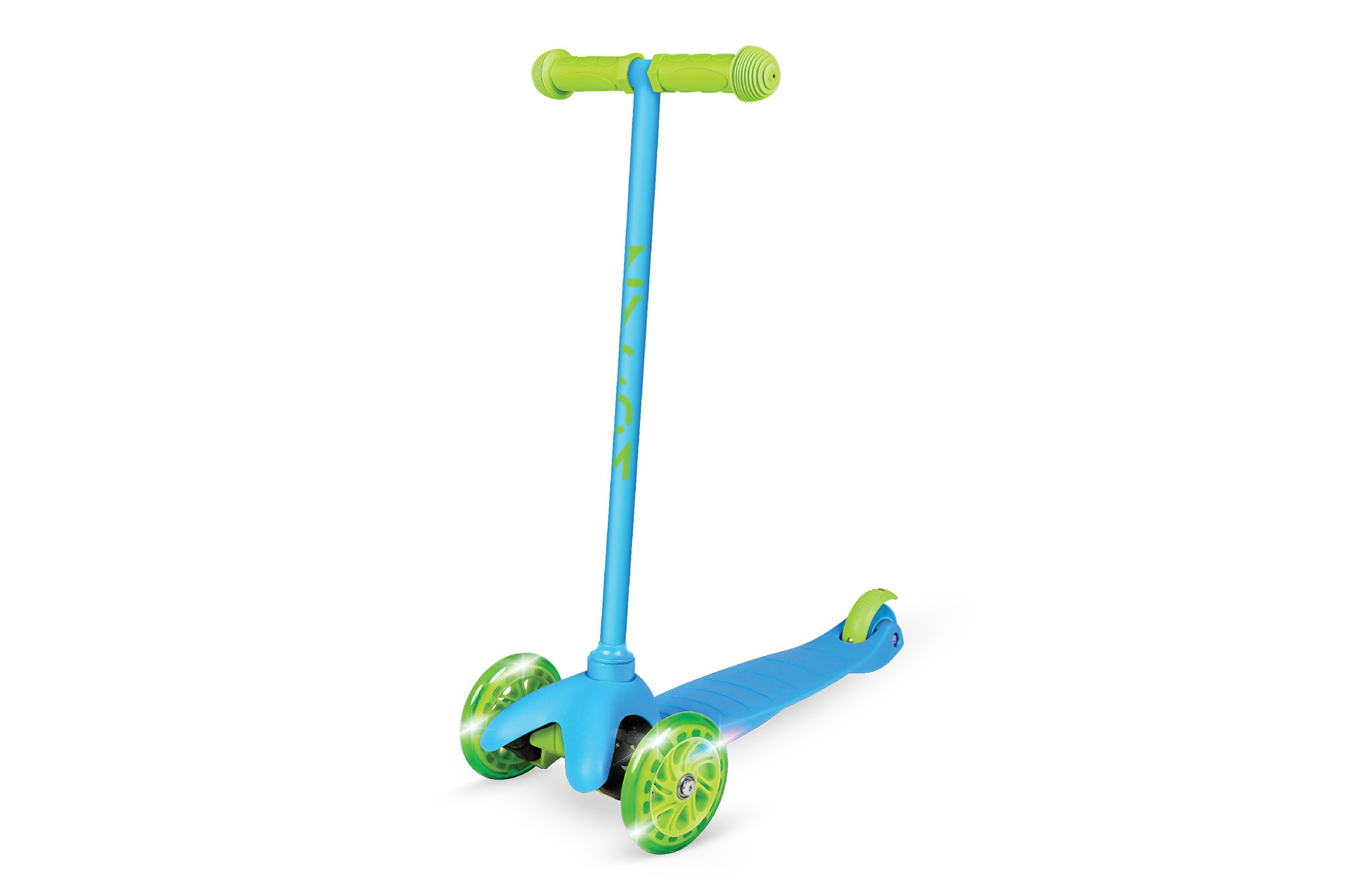 A kid's blue and green scooter with three wheels 