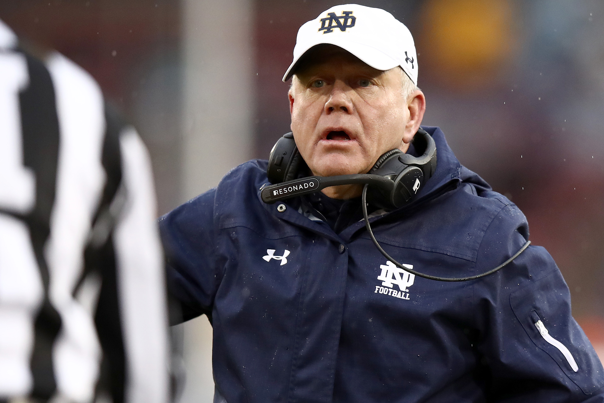 Brian Kelly coaches for Notre Dame in November 2019.