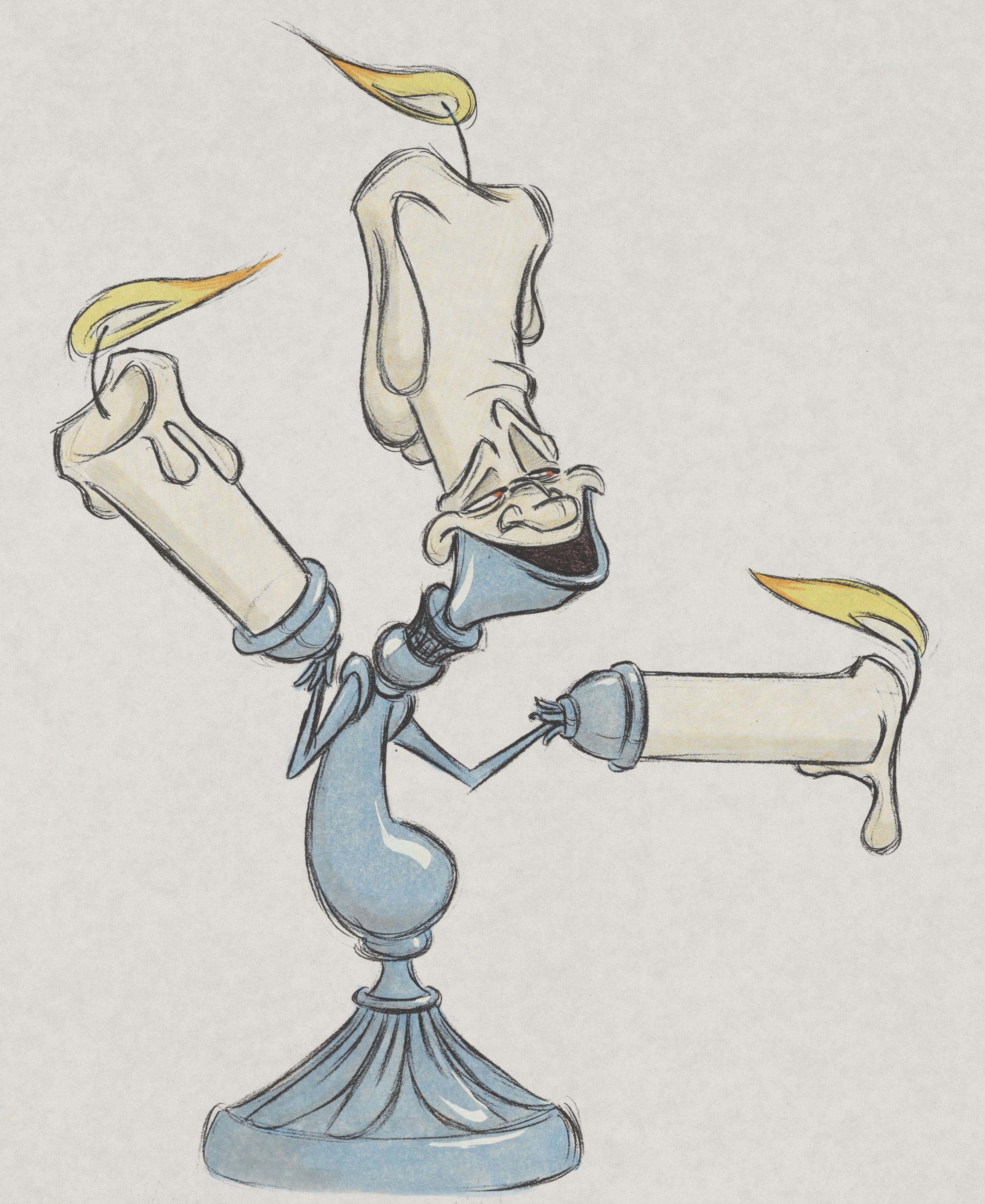 Though the constraints of hand-drawn animation ultimately prevented Lumiere from having a more ornate body, Rococo influences led designers to give him other ornamented designs in order to bring him to life.
