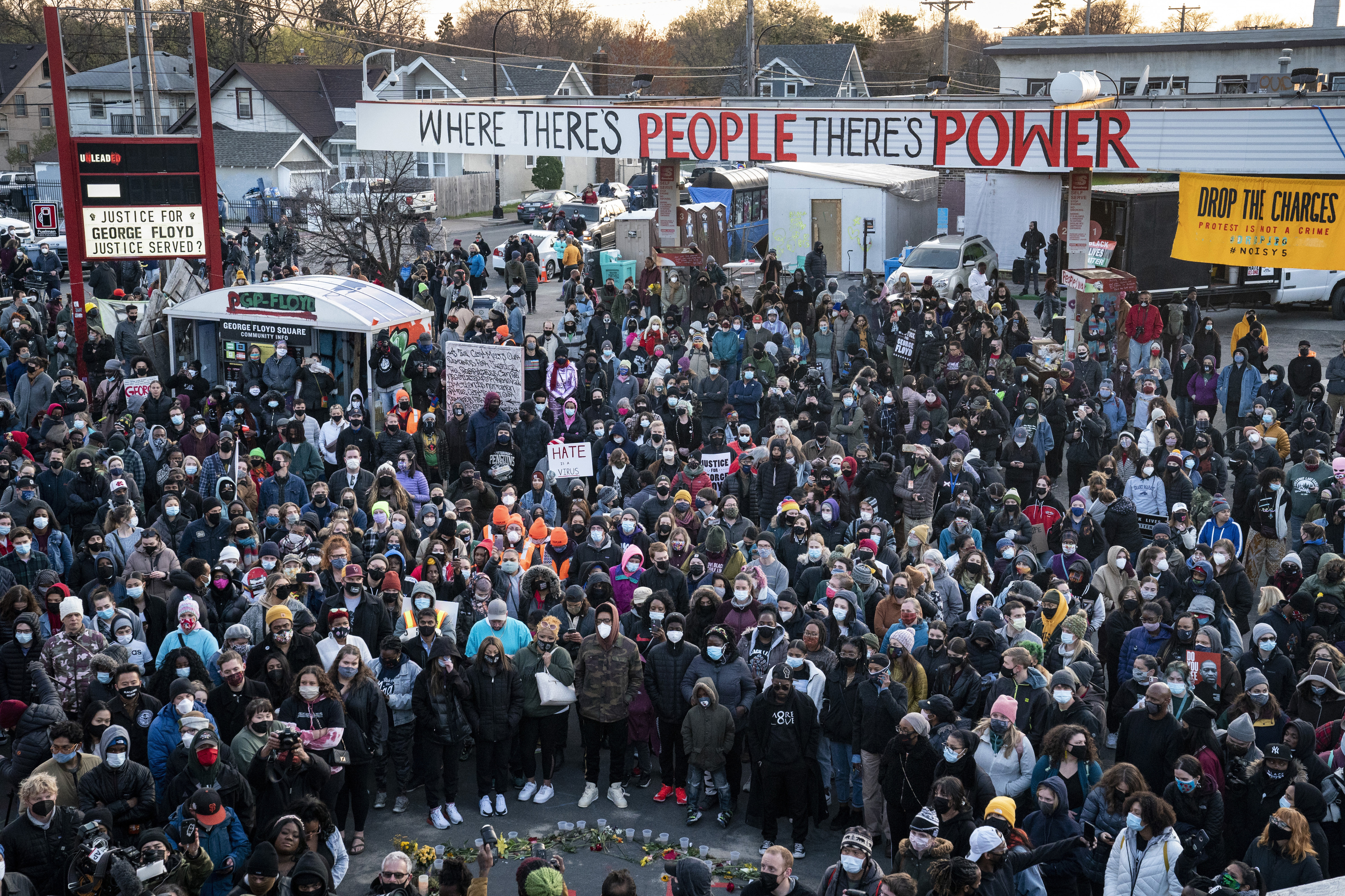 Demonstrators gather outside Cup Foods in Minneapolis to celebrate the murder conviction of former police officer Derek Chauvin. 