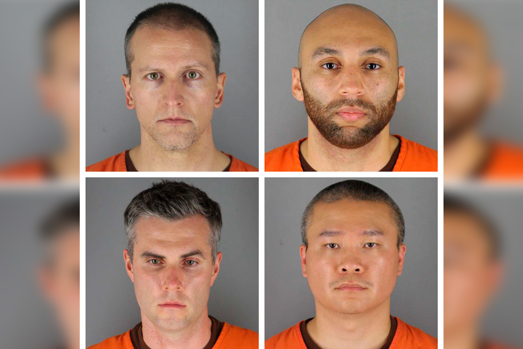 This combination of photos provided by the Hennepin County Sheriff's Office in Minnesota on Wednesday, June 3, 2020, shows, top row from left, Derek Chauvin, and J. Alexander Kueng, bottom row from left, Thomas Lane and Tou Thao. Chauvin is charged with second-degree murder of George Floyd, a black man who died after being restrained by him and the other Minneapolis police officers on May 25. Kueng, Lane and Thao have been charged with aiding and abetting Chauvin.