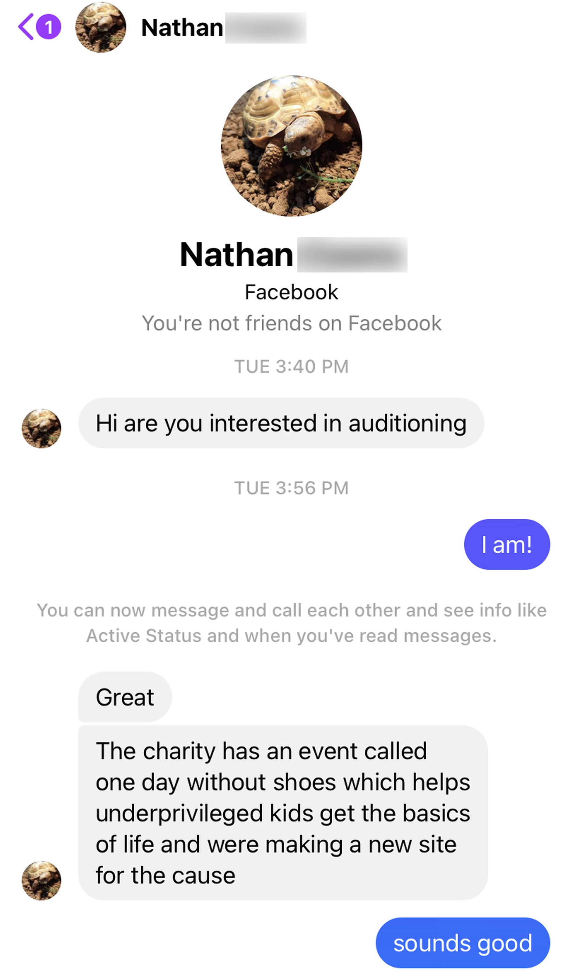 Nathan sent McNair a message a mere hour after she'd expressed interest in the gig on Facebook.