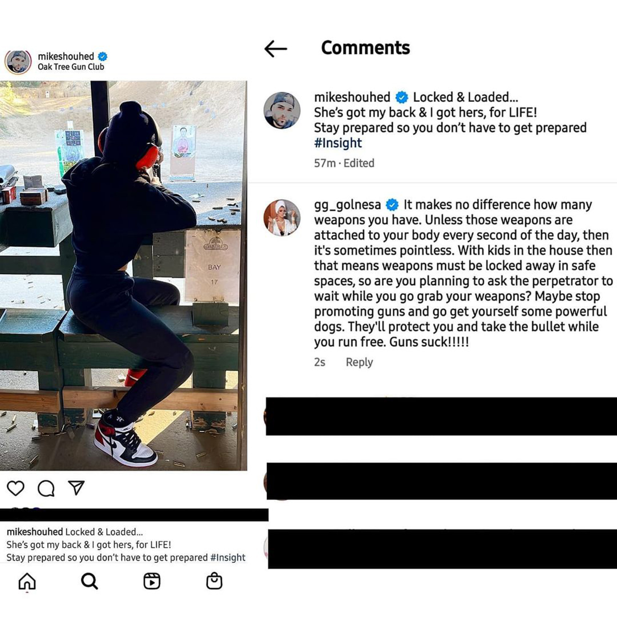 Gharachedaghi's Instagram post included her comment that Shouhed deleted.