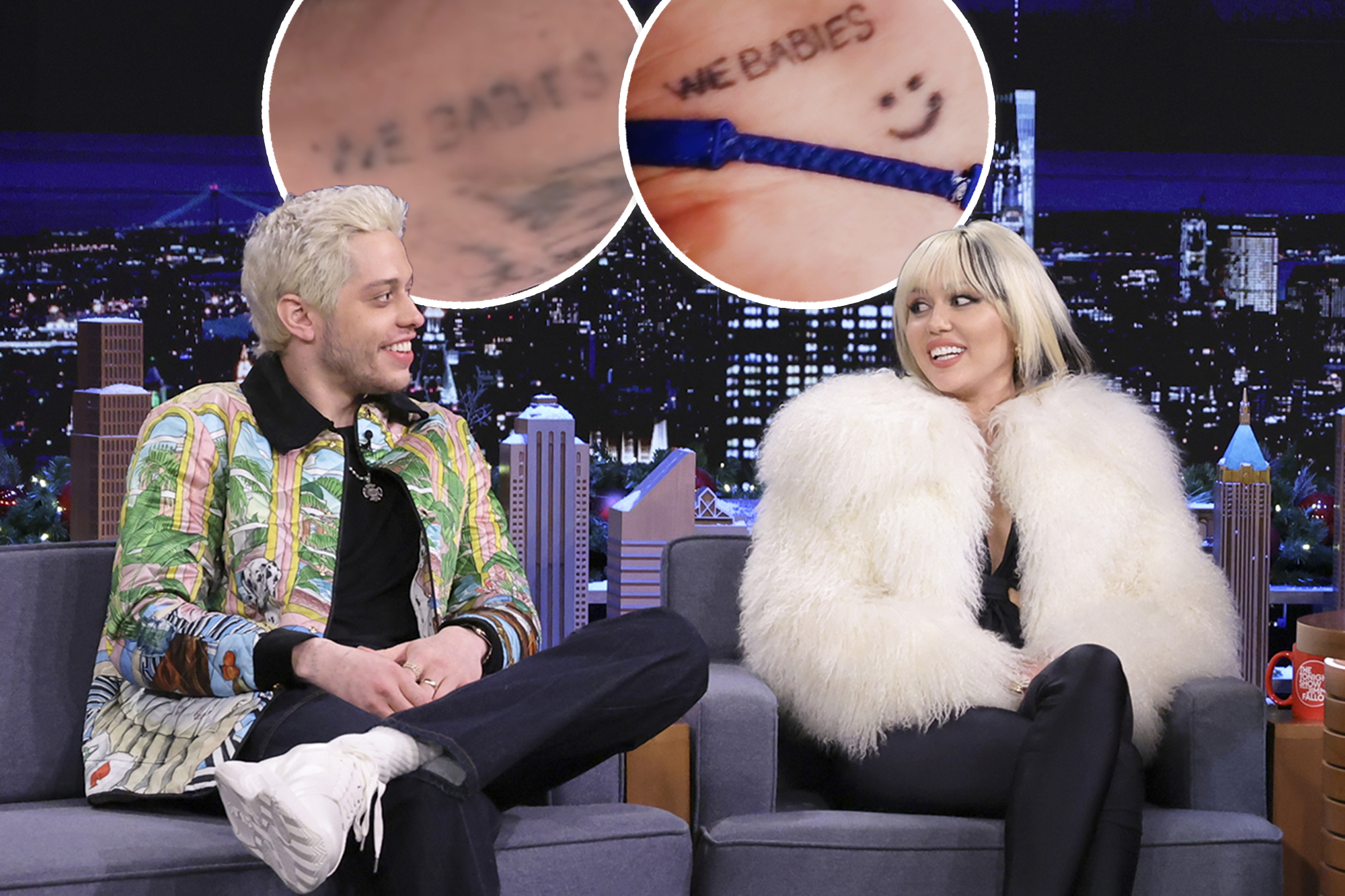 Miley Cyrus and Pete Davidson on the Tonight Show with insets of their 