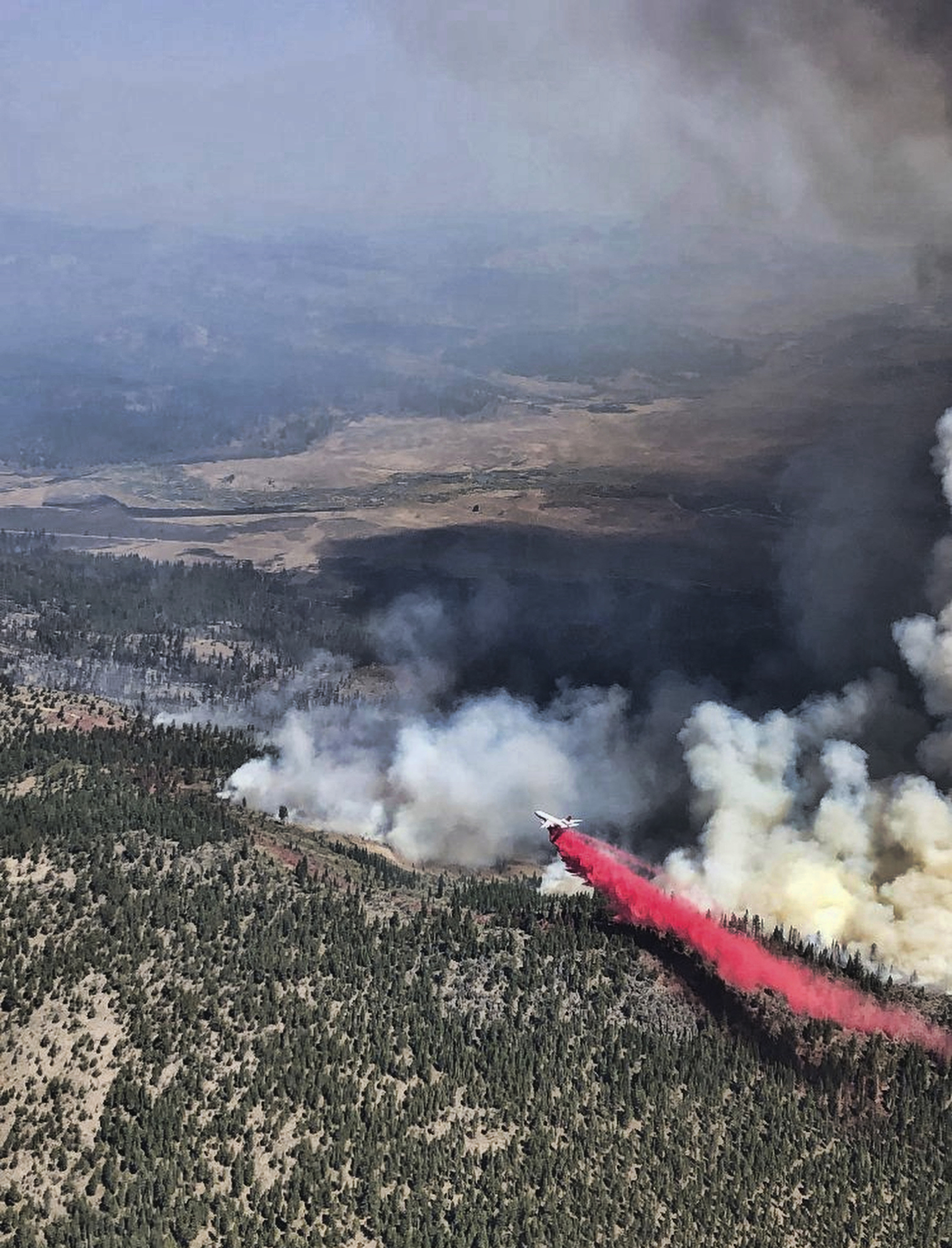This aerial photo provided by the United States Forest Service Lassen National Forest shows the Great Basin Team 1 Air Attack operations on the Dixie Fire on the Horton Ridge in Plumas County, Calif.