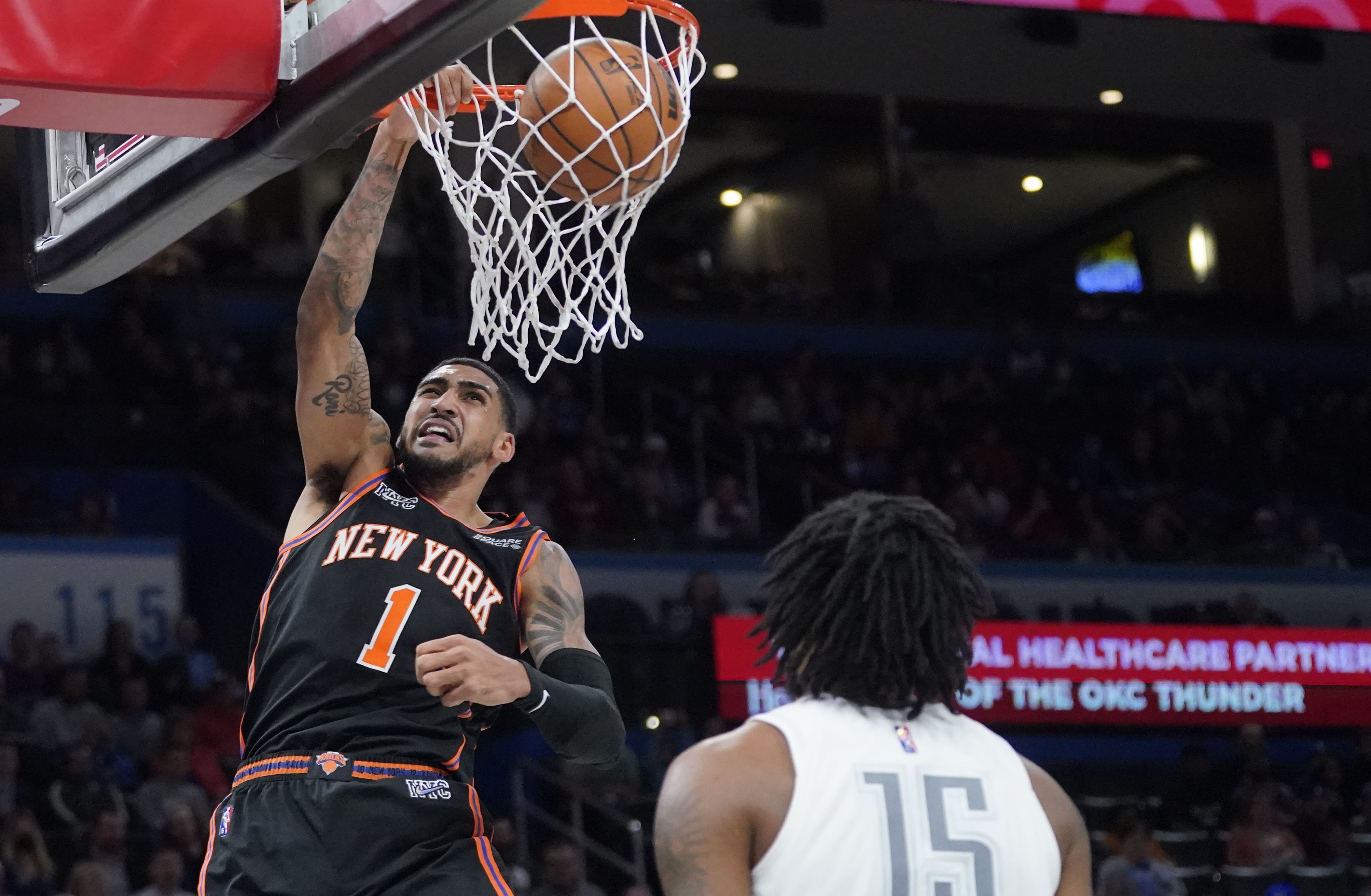 Obi Toppin, slamming one home, scored just five points in the Knicks' loss to the Thunder.