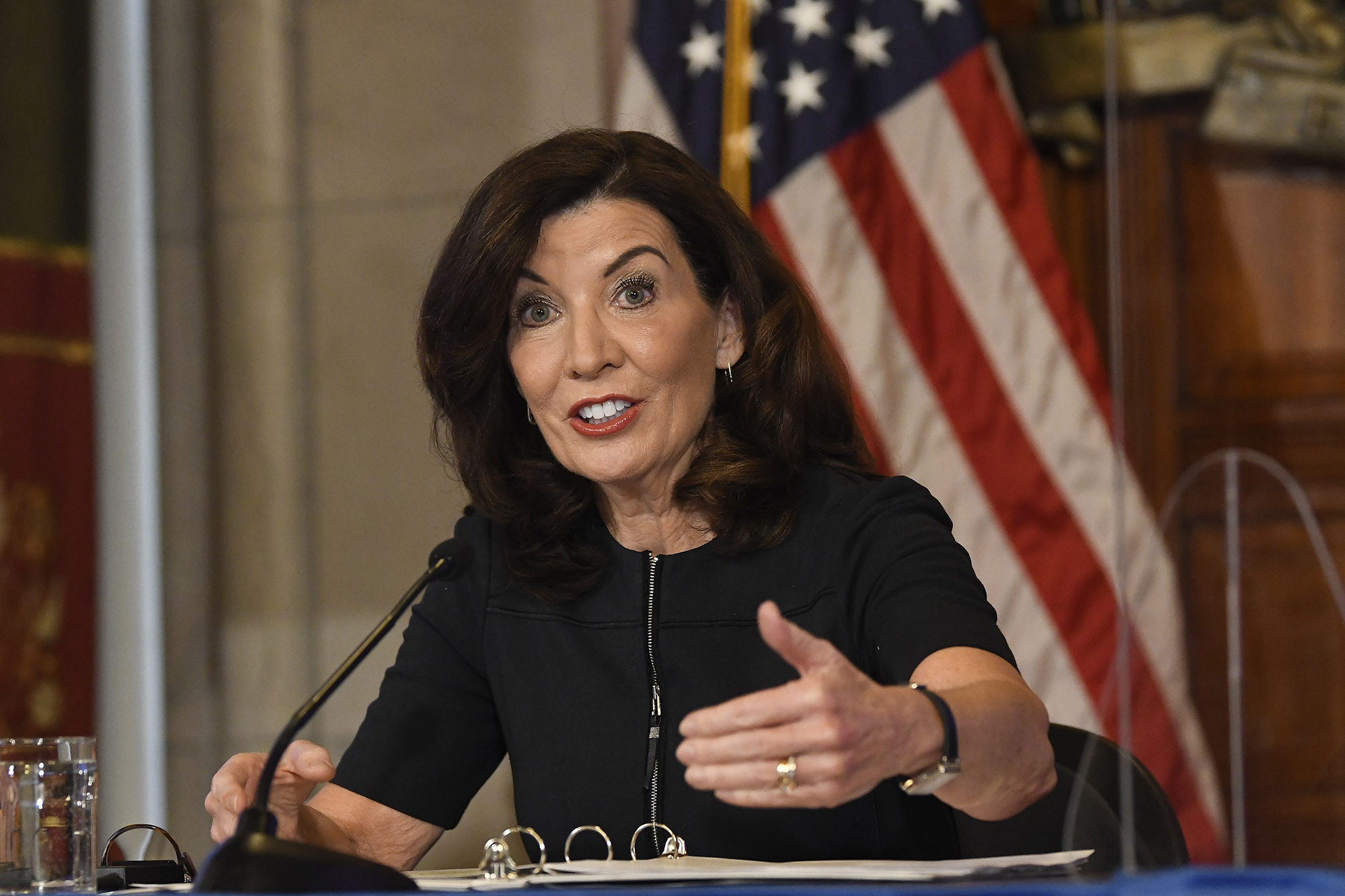 New York Gov. Kathy Hochul gives a COVID-19 briefing during a news conference.